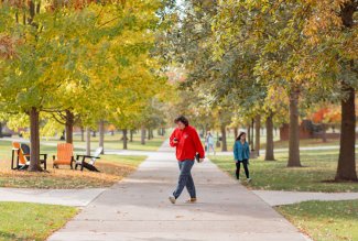 Students walking on Ohio Northern University's campus in fall '23.
